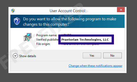 Screenshot where Praetorian Technologies, LLC appears as the verified publisher in the UAC dialog